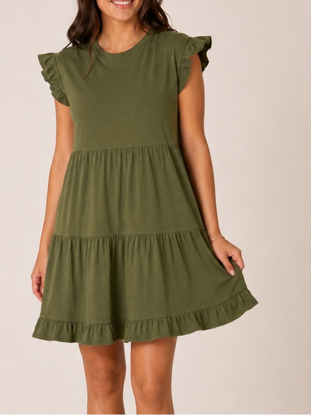 J. Crew Green Ruffle Sleeve Tiered Dress